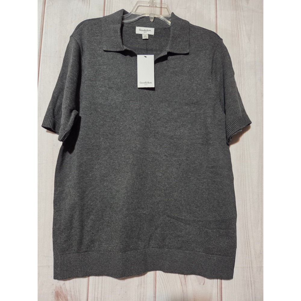 Goodfellow & Co Mens Medium Gray Short Sleeve Knit Sweater Polo Shirt Charcoal